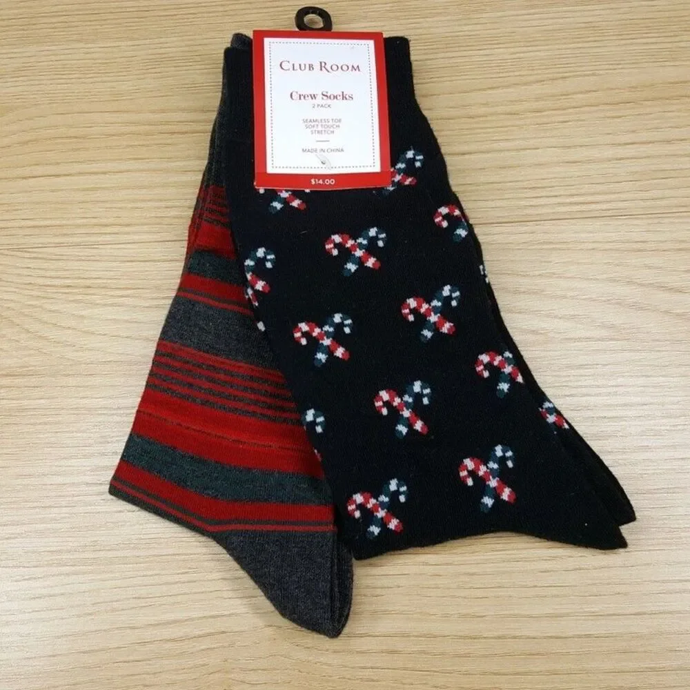 CLUB ROOM Crew Socks Mens Black Gray 2-Pack Candy Cane Stripe Soft Stretch